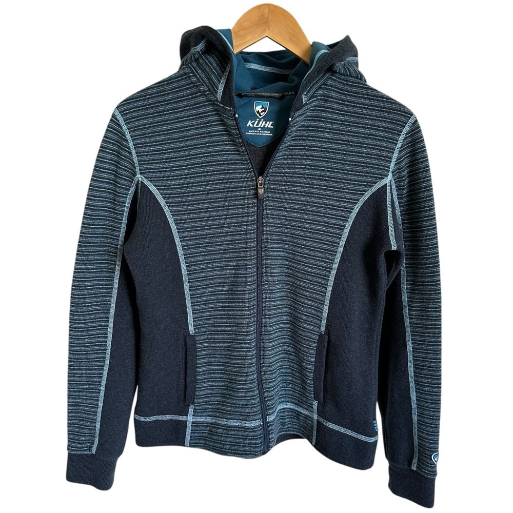 Kuhl Women Medium Chianti Fleece Zip Up Hoodie Jacket Blue Wool Blend Thumbholes